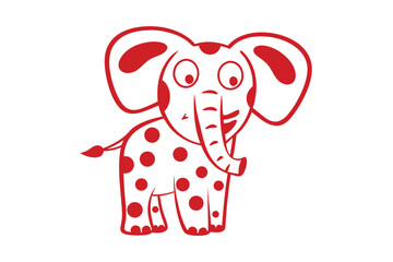 Red polka dotted cartoon elephant with big ears smiling on a white background