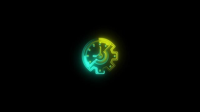 Yellow and Green Neon Clock Gear Icon on Black Background time ,4k video .