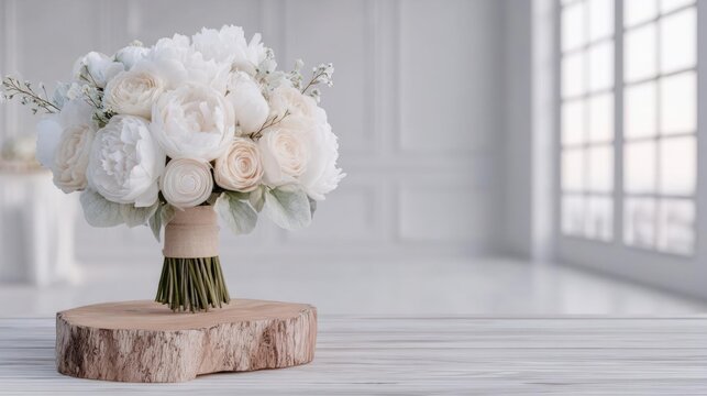 Beautiful bouquet of white flowers in a vase on a wooden table. the bouquet is made up of a variety of flowers, including roses, peonies, and carnations, and is tied together with a twine.