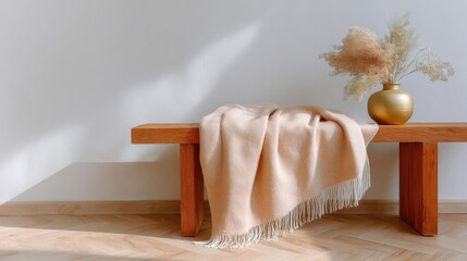 Wooden bench against a white wall. on the bench, there is a beige throw blanket with fringes draped over it. next to the throw blanket is a gold vase with dried flowers in it.