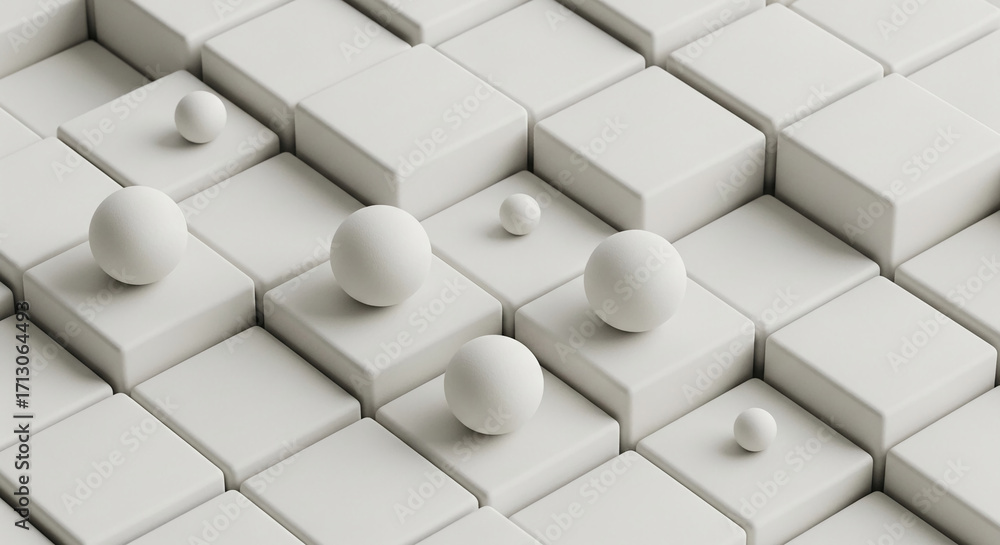 Poster white spheres atop white cubes, creating a geometric pattern, showcasing a minimalist and modern des