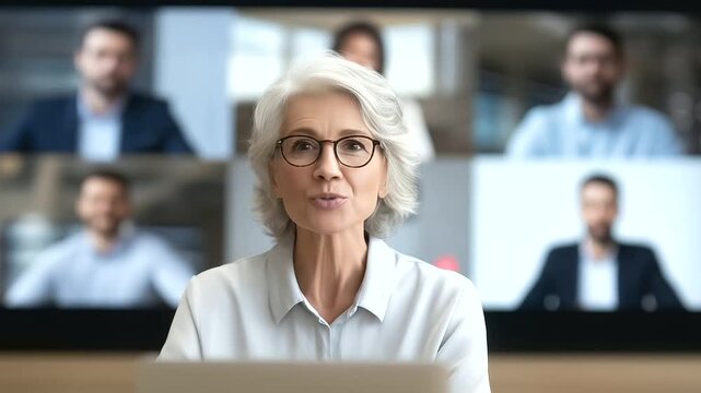 Manager leading virtual onboarding session for new employees, digital slides presentation