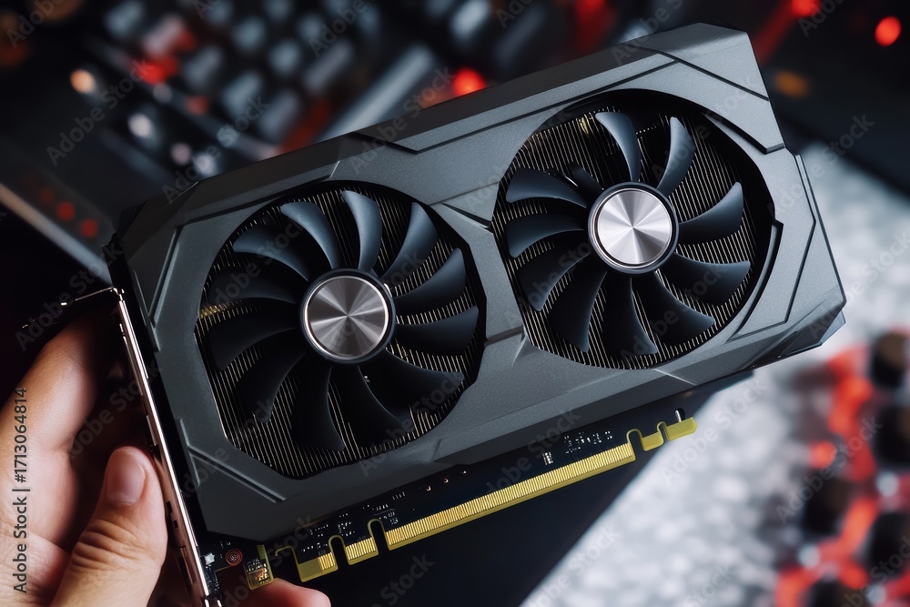 Poster technician holds advanced graphics card for high-performance computing tasks