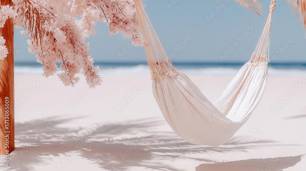 Poster hammock hanging from a palm tree on a sandy beach. the hammock is white and is suspended between two