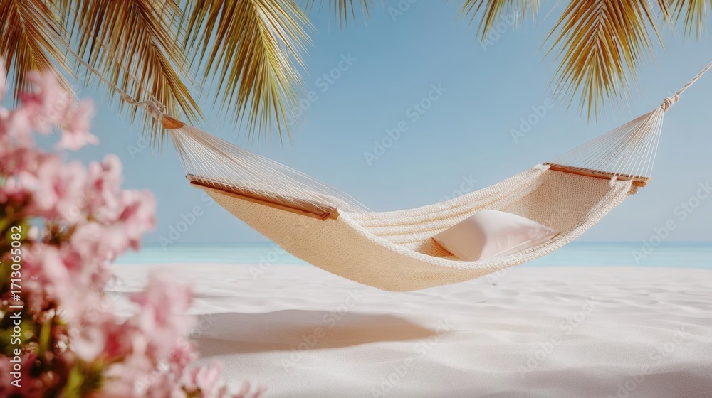 Poster hammock hanging between two palm trees on a tropical beach. the hammock is made of white rope and ha