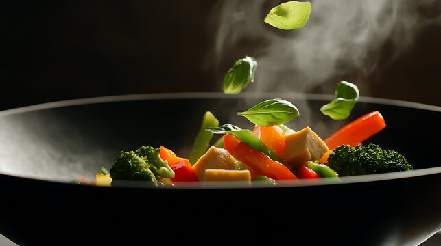 Steaming vegetable stir-fry with tofu and basil leaves falling into the dish. A healthy, vibrant, and appetizing meal on a dark background. - Powered by Adobe