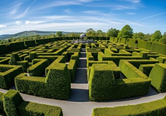 Sweeping Fisheye Perspective of a Grand, Sunlit Hedge Maze Labyrinth on a Clear Day.