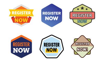 Collection of six colorful and modern hexagon and shield shaped buttons with the text register now in various fonts and styles for online applications and promotions