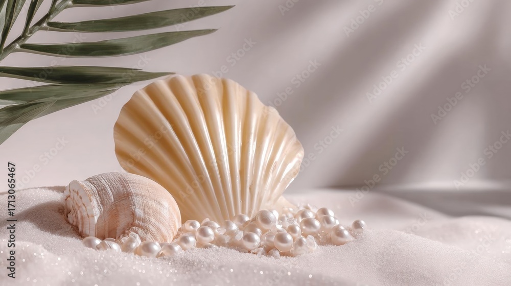 Poster close-up of two seashells on a bed of white sand. the shells are light brown in color and have a sca