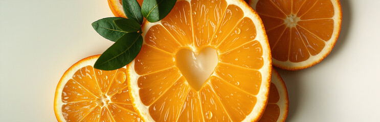 Sliced orange fruit with heart shape and green leaves on cream background, concept of International Heart Day, texture, natural cosmetic, eco  