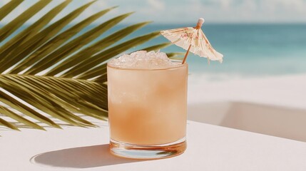 Glass of a tropical drink on a white table with a palm leaf on the left side. the glass is filled with a light orange-colored drink and has ice cubes on top.