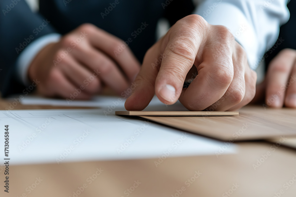 Poster material selection in design process: hand touches wooden sample on desk with sketches. close-up on 