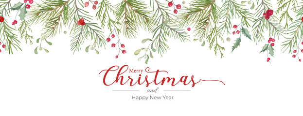 Christmas Watercolor Floral Seamless Border – Hand-Drawn Illustration. Vector EPS.