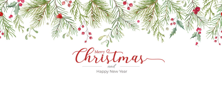 Christmas Watercolor Floral Seamless Border – Hand-Drawn Illustration. Vector EPS.