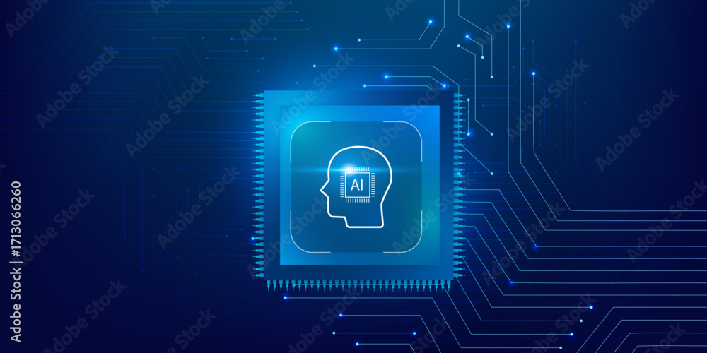 Poster artificial intelligence microchip with abstract circuit board on futuristic blue technology backgrou
