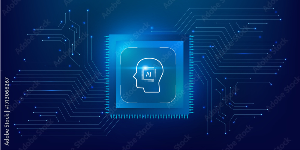 Poster artificial intelligence microchip with abstract circuit board on futuristic blue technology backgrou