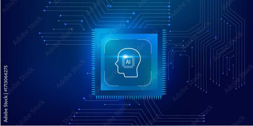 Poster artificial intelligence microchip with abstract circuit board on futuristic blue technology backgrou