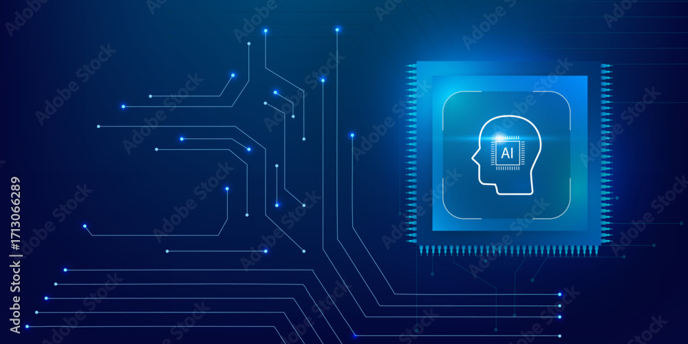 Poster artificial intelligence microchip with abstract circuit board on futuristic blue technology backgrou