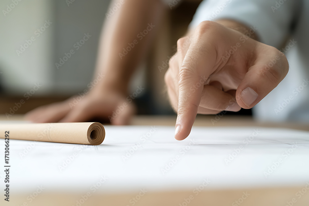 Poster detailed architectural blueprints are being inspected by an engineer. the blueprints contain complex