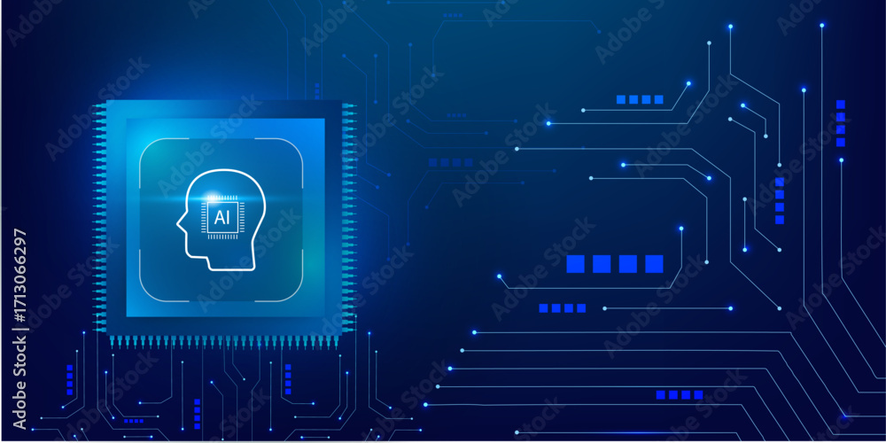 Poster artificial intelligence microchip with abstract circuit board on futuristic blue technology backgrou