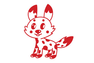 Red spotted cartoon dog stands happily on white background with upright ears and cheerful expression