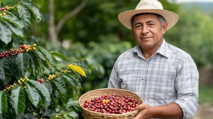Man coffee farmer wearing straw hat holding a basket of ripe coffee berries. Agricultural worker harvesting coffee beans on plantation.