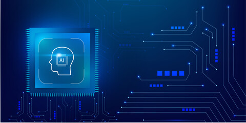 Artificial Intelligence Microchip with Abstract Circuit Board on Futuristic Blue Technology Background, Glowing Semiconductor Processor with AI Icon in Digital Vector Illustration