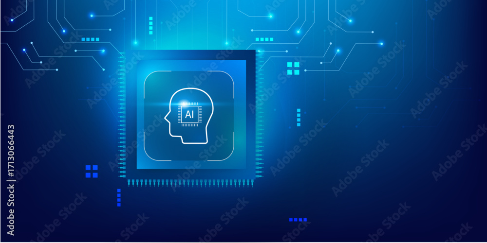 Poster artificial intelligence microchip with abstract circuit board on futuristic blue technology backgrou