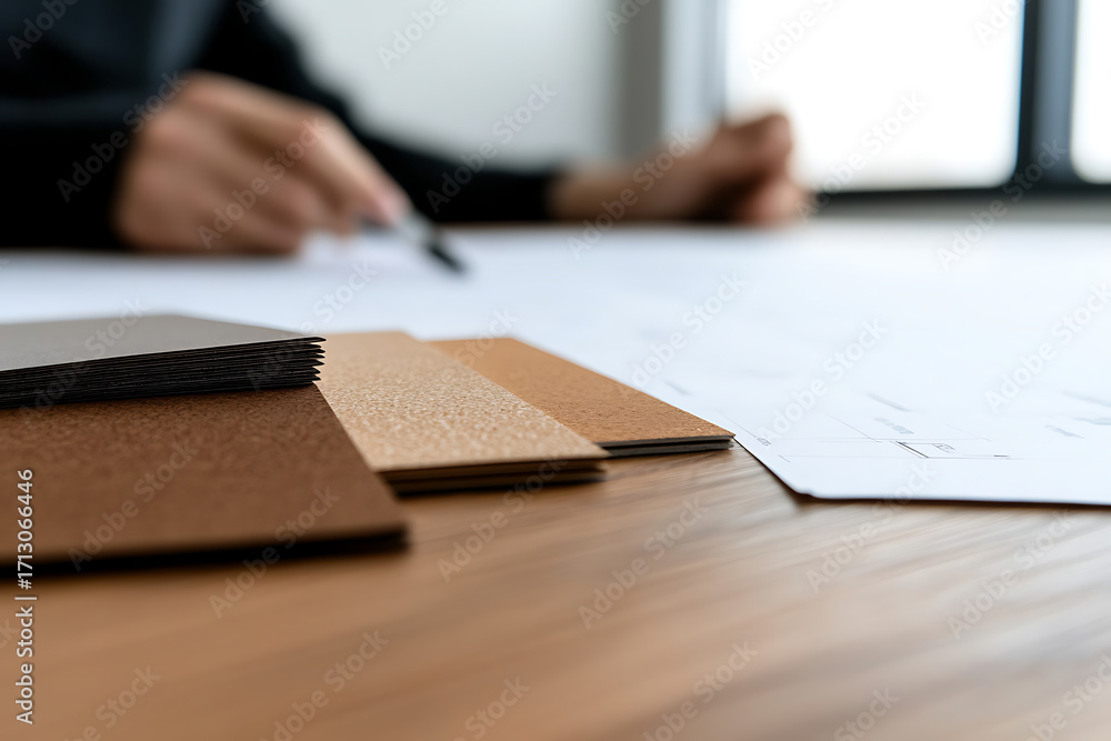 Poster material samples and design blueprints are arranged on a desk, with a person holding a pen in the ba