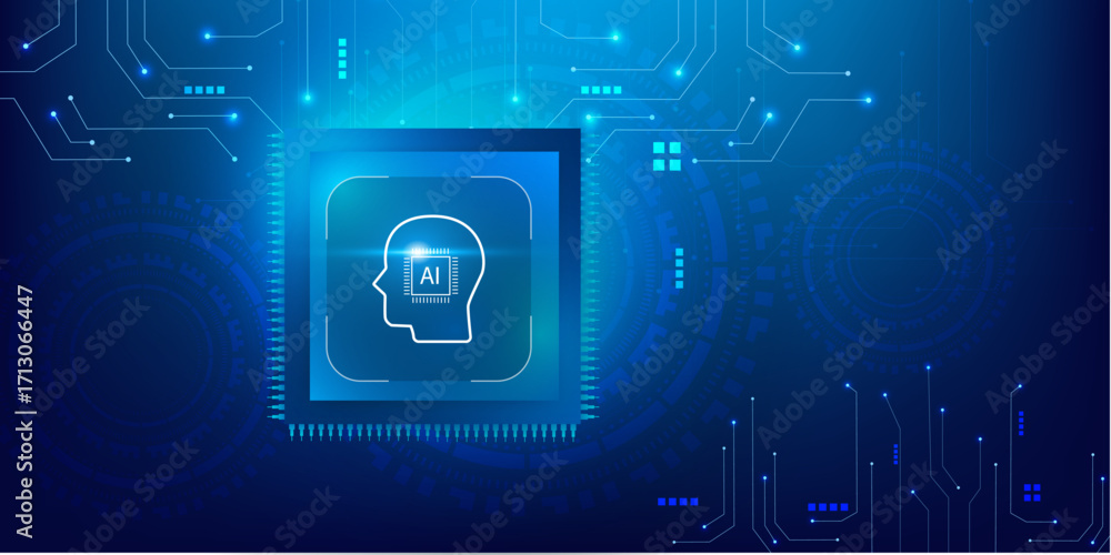 Poster artificial intelligence microchip with abstract circuit board on futuristic blue technology backgrou