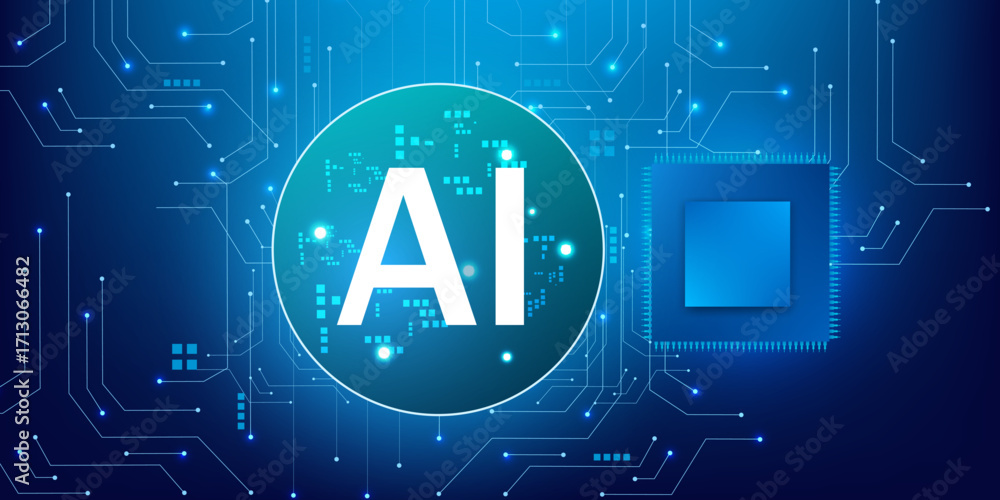 Poster artificial intelligence processor with glowing blue neon circle with blue circuit background