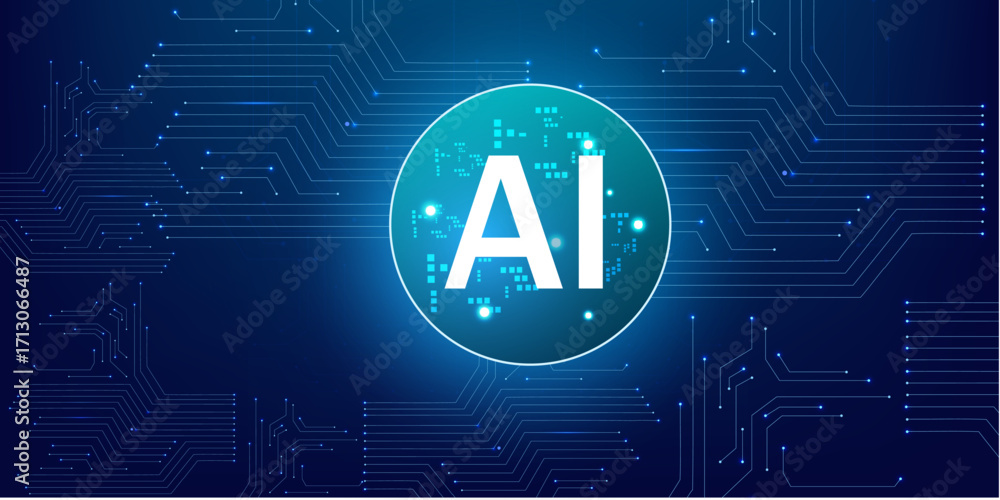 Poster artificial intelligence processor with glowing blue neon circle with blue circuit background