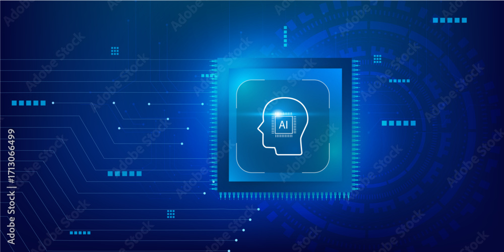 Poster artificial intelligence microchip with abstract circuit board on futuristic blue technology backgrou