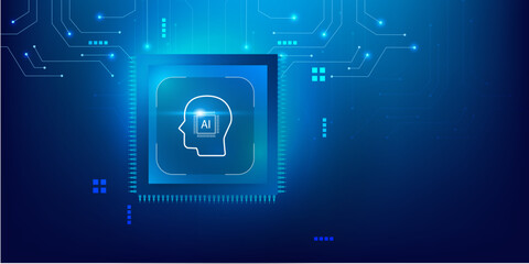 Artificial Intelligence Microchip with Abstract Circuit Board on Futuristic Blue Technology Background, Glowing Semiconductor Processor with AI Icon in Digital Vector Illustration