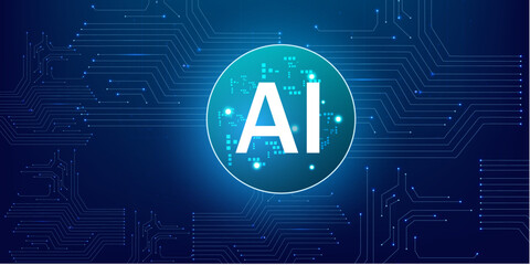 Artificial Intelligence Processor with Glowing Blue Neon Circle with blue circuit background