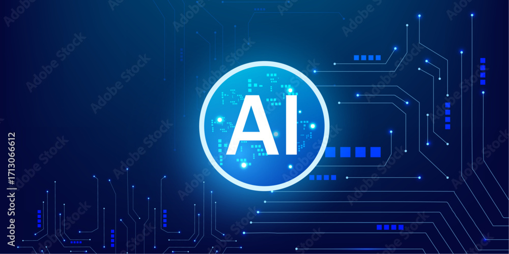 Poster innovation concept of ai processor with lightning neon circle portal and abstract hud blue circuit b