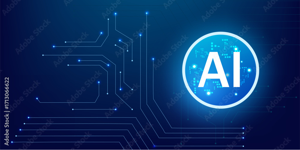 Poster innovation concept of ai processor with lightning neon circle portal and abstract hud blue circuit b
