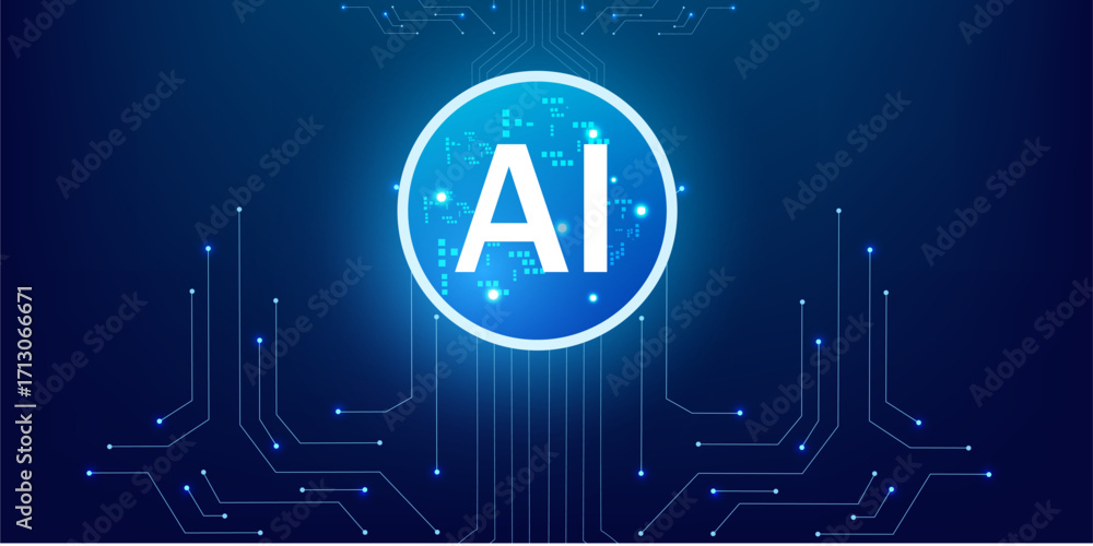 Poster ai abstract quantum technology chip with neon blue lightning portal and futuristic hud circuit desig