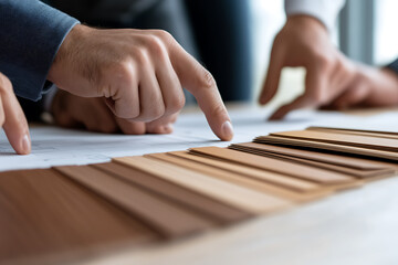 Interior Design Choice: Man pointing at blueprint with wood swatches for home renovation project. Selection process for material and palette.