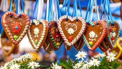Heart-shaped gingerbread cookies hanging for sale