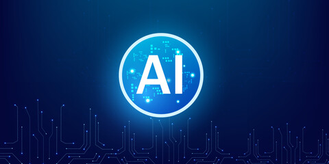 AI Abstract Quantum Technology Chip with Neon Blue Lightning Portal and Futuristic HUD Circuit Design