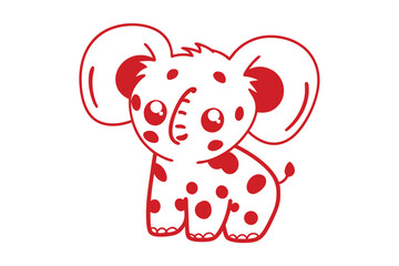 Red spotted elephant cartoon stands cutely against a white background, outlined in red