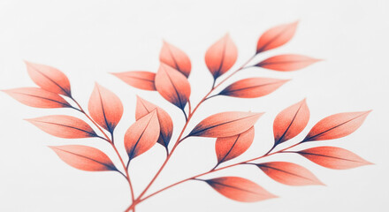 Coral-toned leaf branch illustration against white background, minimalist design suitable for invitation, card, or branding, suggesting nature, serenity, and elegance