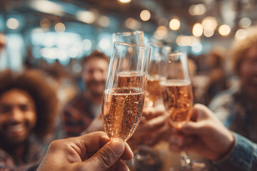 Corporate celebration in modern office, people raising their glasses in cheer. Festive atmosphere with colleagues.