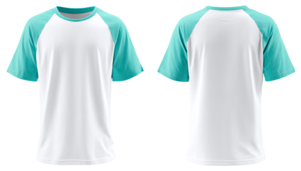 Blank white t-shirt with teal sleeves, front and back views