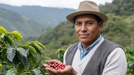Man, a coffee farmer, proudly presenting freshly harvested red coffee cherries directly from his plantation. Sustaining agriculture and harvest.