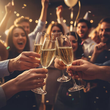 Hand holding glass of champagne, people cheering, friends, party nightclub, wedding, cheering, family, sparkling wine, luxury, 4K, vertical video, social media, 9:16, insta story