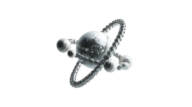 Abstract Metallic Planet with Rings and Moons in Space