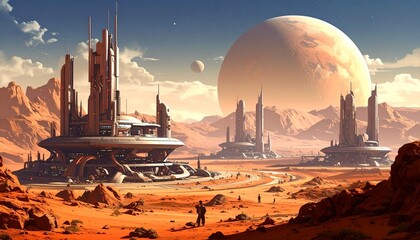 Futuristic city on another planet in space