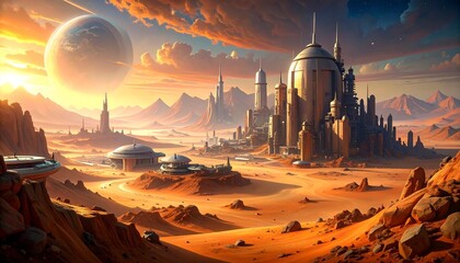Futuristic city on another planet in space